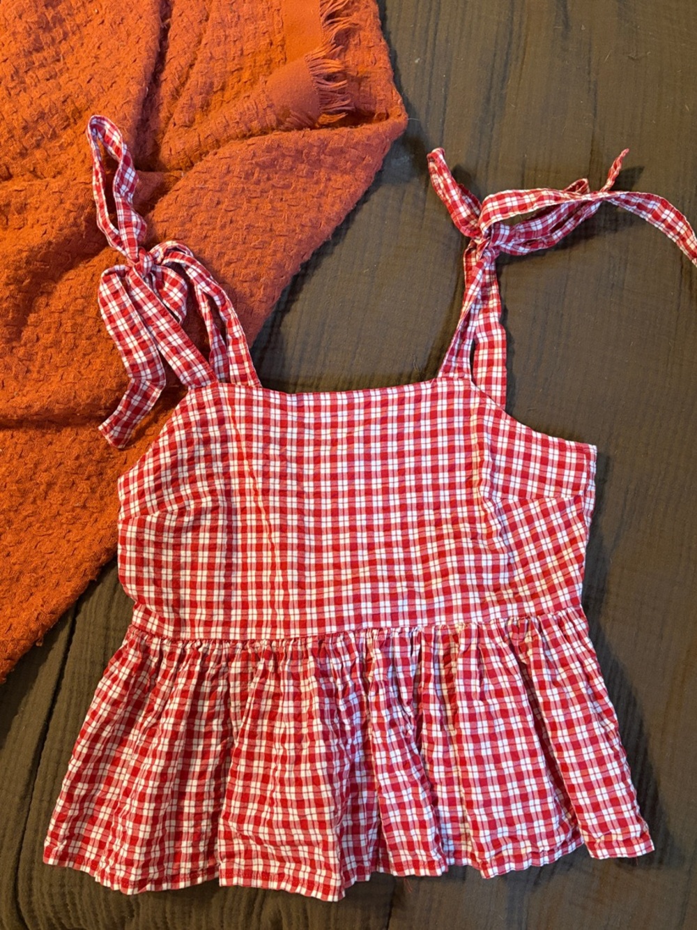 Red Gingham Tie-Shoulder Peplum Top